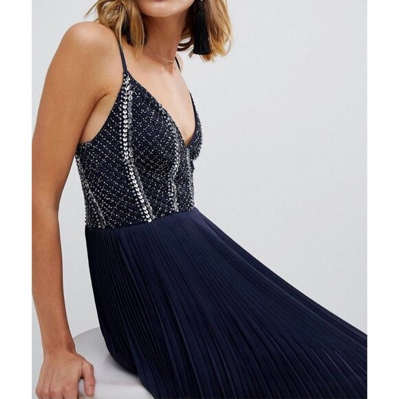 Lace & Beads Embellished Pleated Chiffon Cocktail Dress Midi Dress Blue Size S - Picture 3 of 11